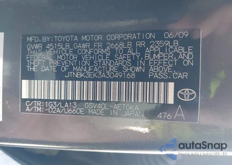 2010 Toyota Camry Xle V6 z USA, uszkodzony, nr VIN JTNBK3EK3A3049168